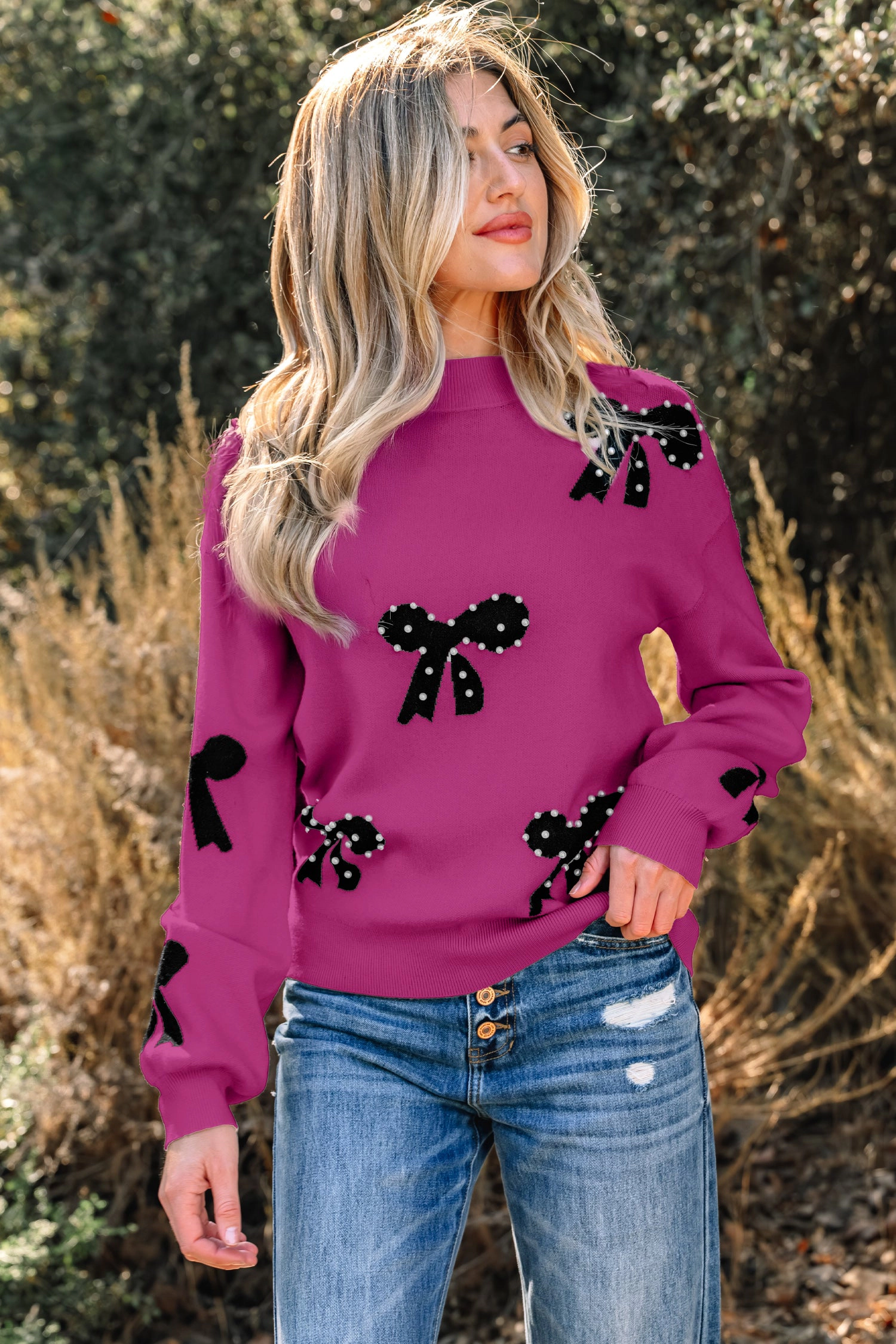 Threaded Pear Women's Lucy Bow Pattern Loose Sweater