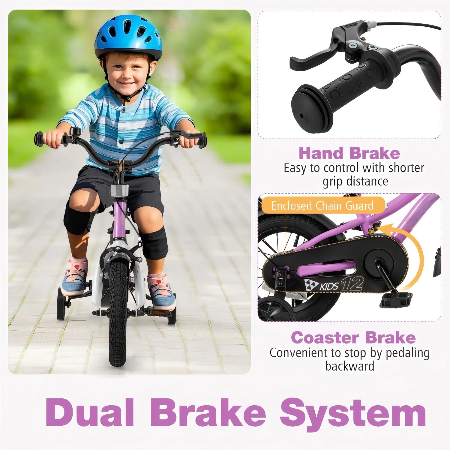 SUGIFT 12-Inch Kids Training Bicycle with Dual Brakes 110-lb Capacity Ages 3-4 Years Purple with Training Wheels