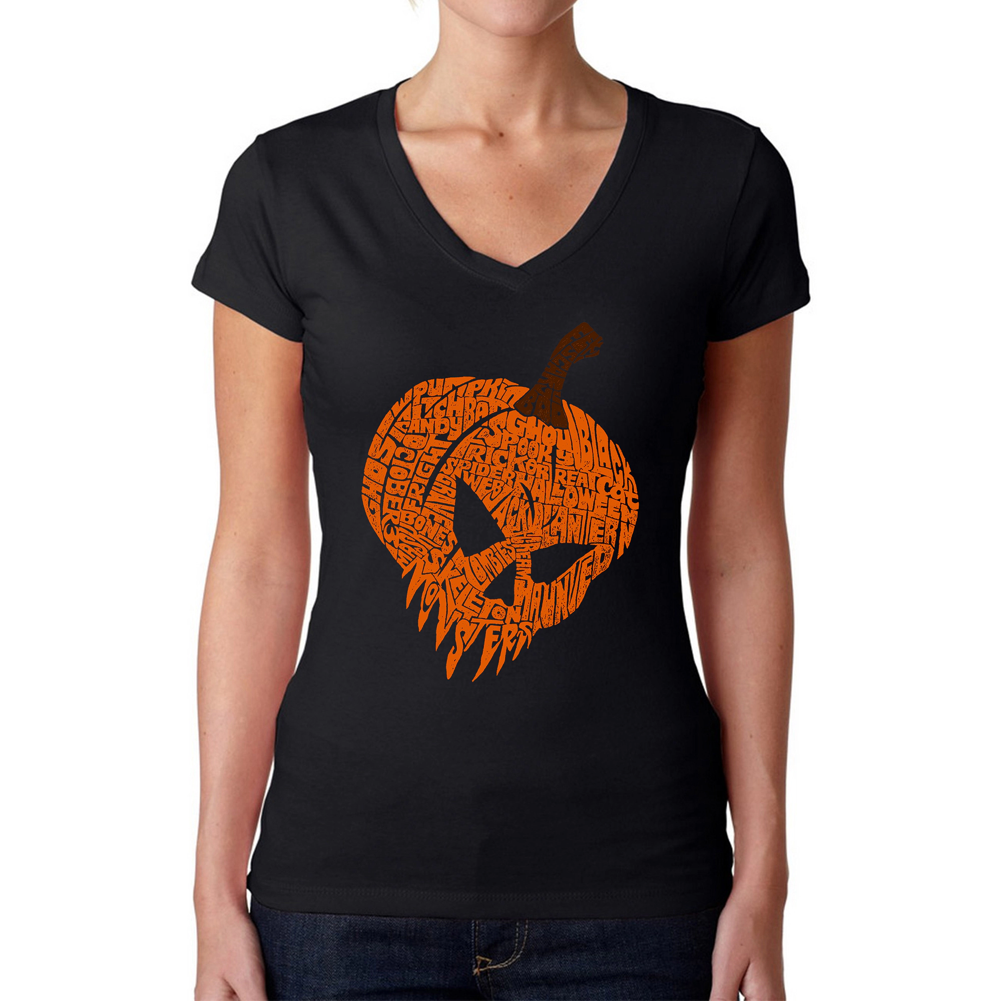 LA Pop Art Womens Word V-Neck T-Shirt - Evil Pumpkin