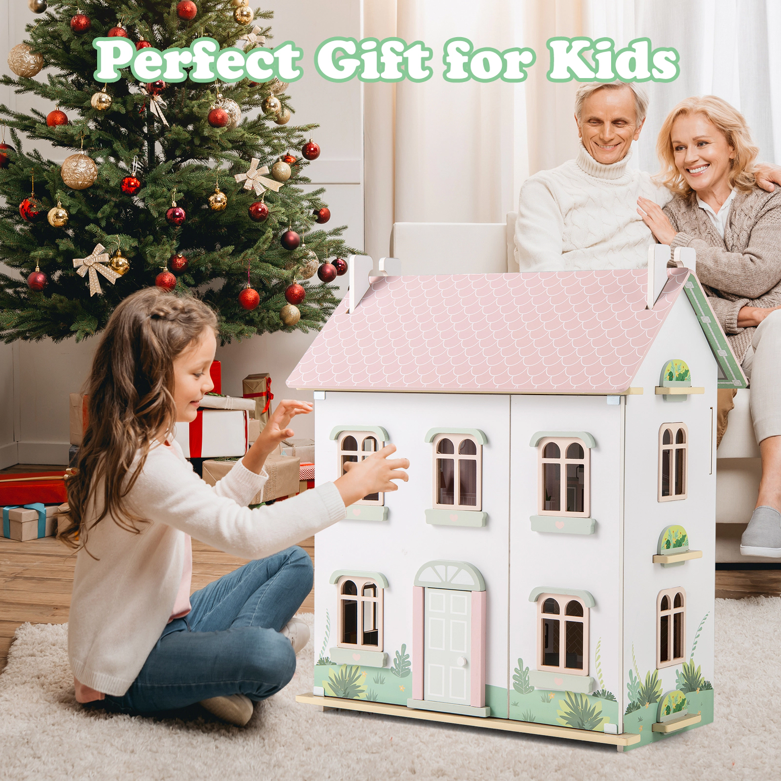 Kids Wooden Dollhouse 3 Level with Removable Double-Sided Roofs 22-in Pink Doll House