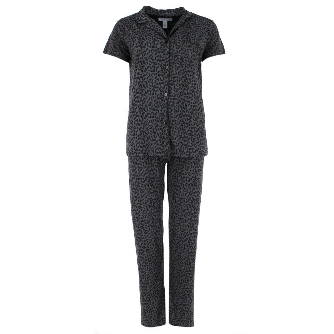 Joan Vass Women's Leopard Print Notched Collar Short Sleeve Pajama Set