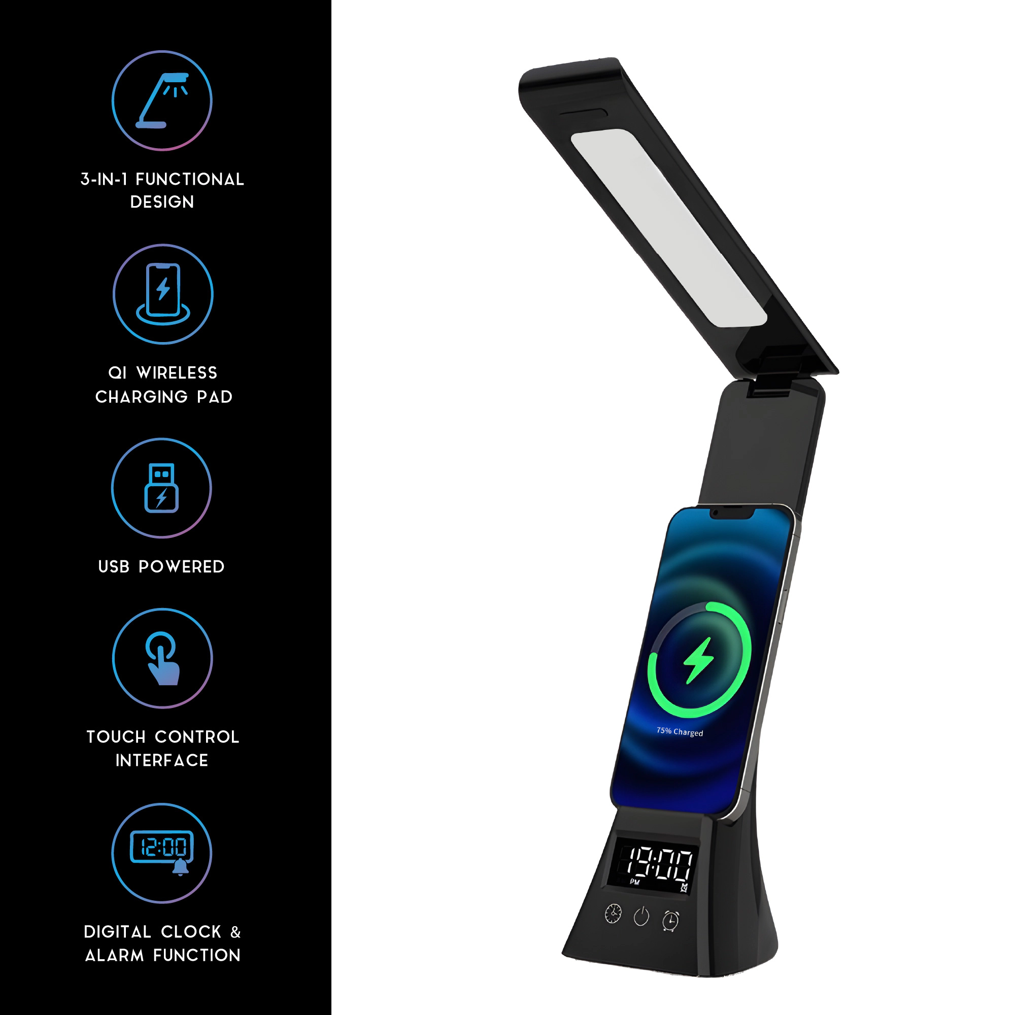 Pursonic Unisex 3-in-1 LED Desk Lamp with Wireless Charger and Alarm Clock – Sleek, Smart, and Space-Saving