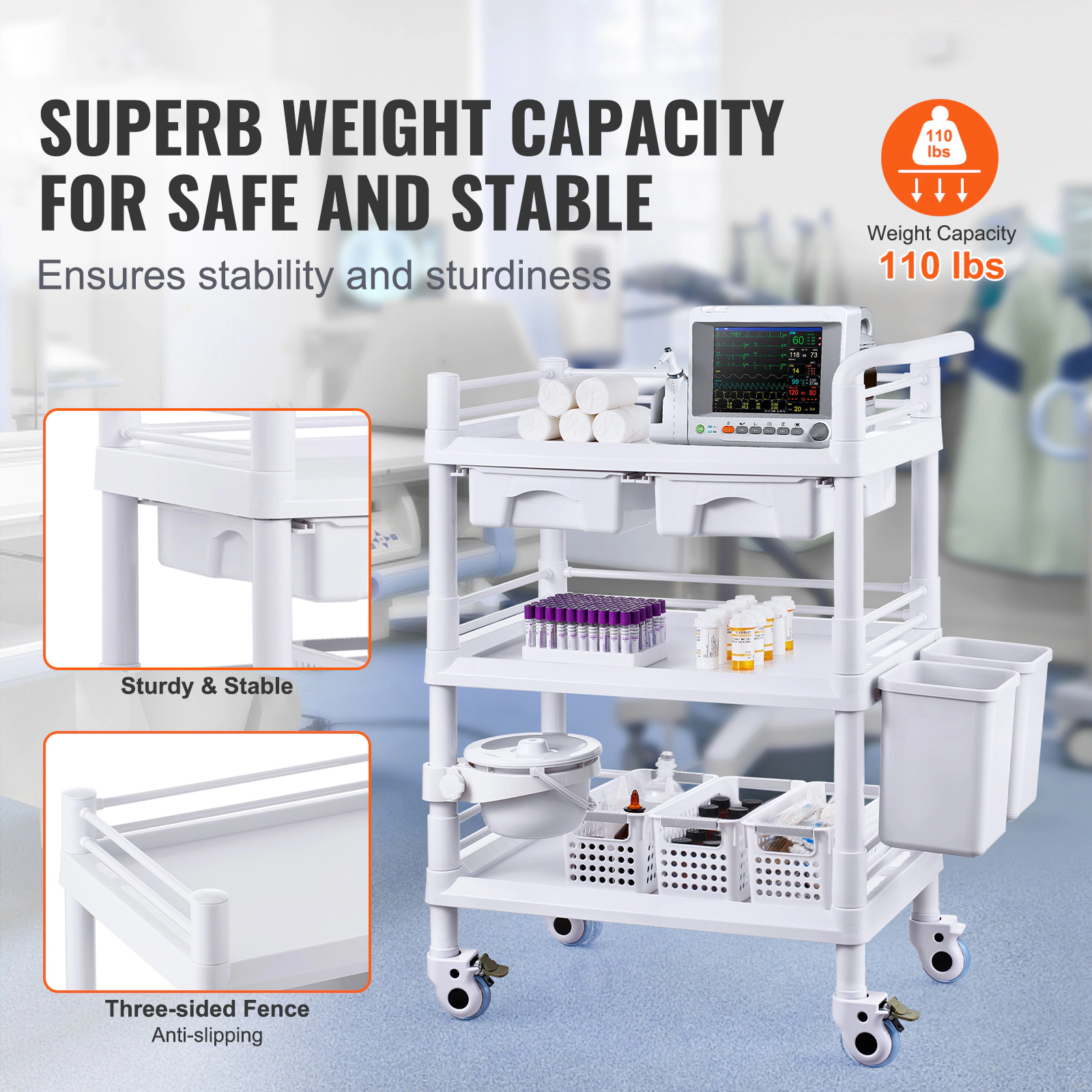 HONGGE Lab Carts Lab Utility Cart with 3 Trays & 4 Silent Wheels Mobile Medical Cart with PP Material Lab Rolling Cart