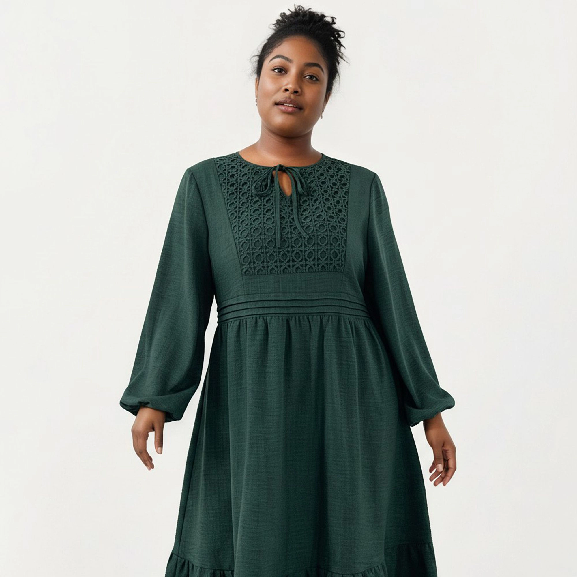 Anna-Kaci Women's Plus Long Sleeve Embroidered Elastic Waist Tiered Hem Midi Dress