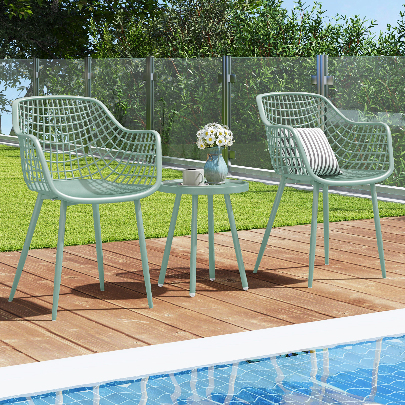 LJG 3 Piece Patio Chair Set with PP Seat and Tabletop for Porch