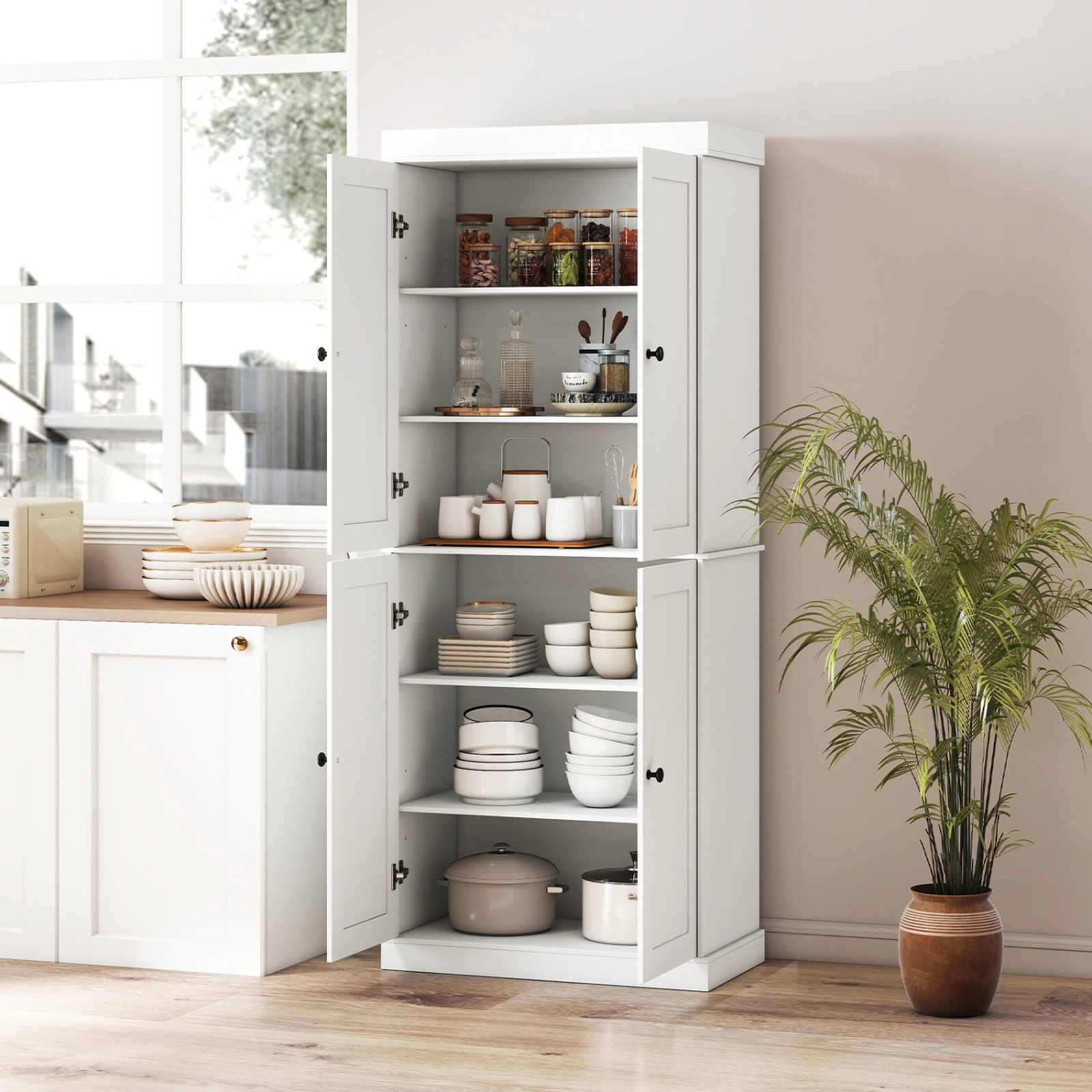 SUGIFT Kitchen Pantry Cabinet White with 2 Adjustable Shelves and Anti-Tipping Kit