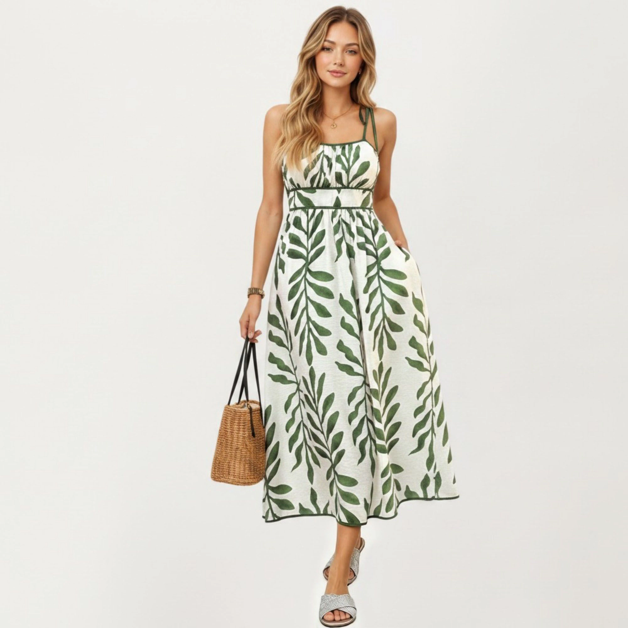 Anna-Kaci Women's Sleeveless Leaf Print Tie Shoulder Straps Smocked Back A-Line Midi Dress