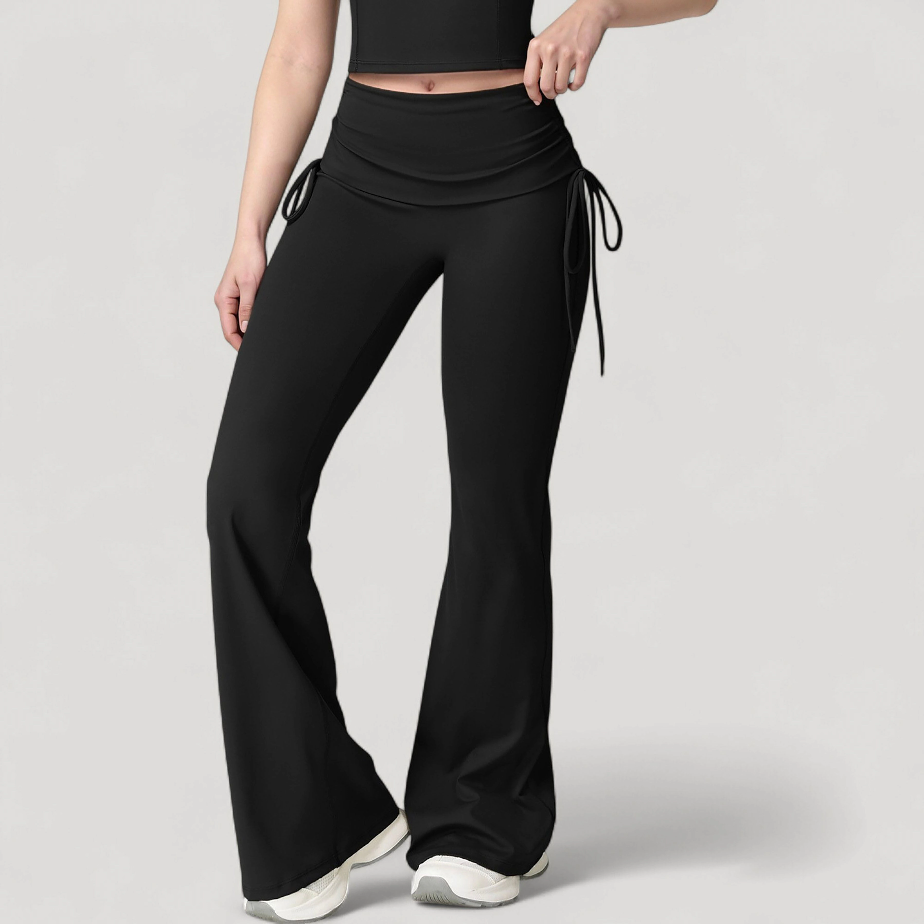 Anna-Kaci Active Women's Drawstring Ruched Waist Flared Leg Pants Stretch Fabric Yoga Lounge Bottoms
