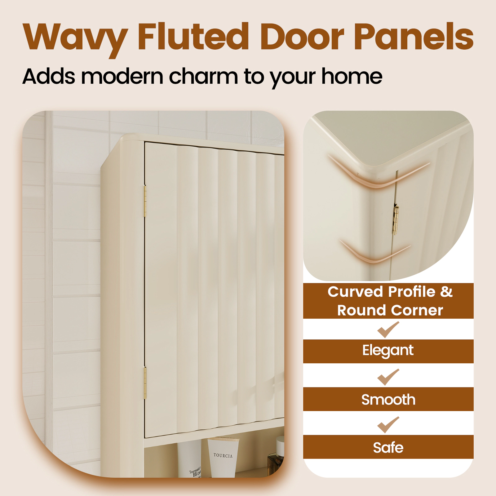 SUGIFT Beige 33-lb Top Capacity Fluted Wall Mounted Bathroom Storage Cabinet with Gold Knobs and Open Shelf