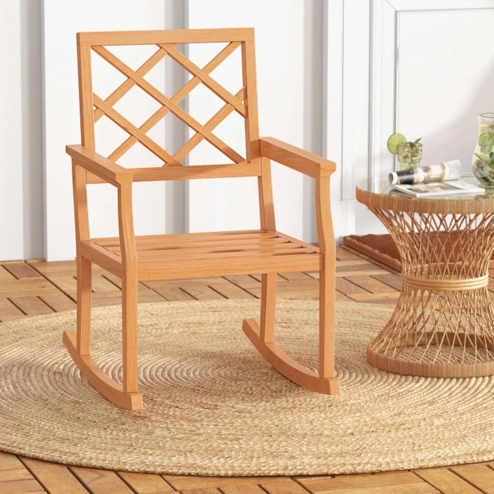 Hivvago Teak Wood Rocking Chair Oversized Porch Rocker With Backrest And Slatted Seat