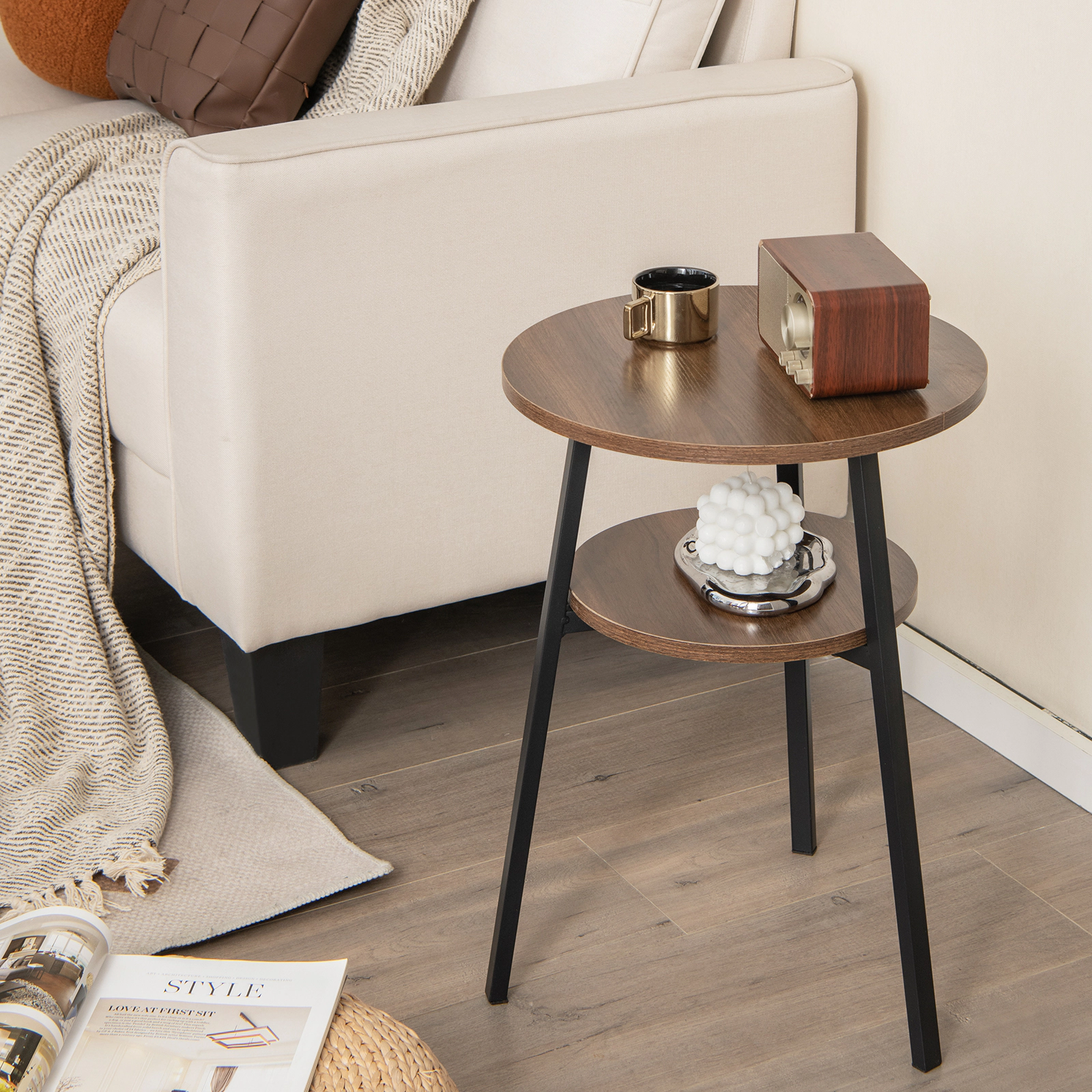 LJG 2-Tier Round End Table Set of 2 with Open Shelf and Triangular Metal Frame