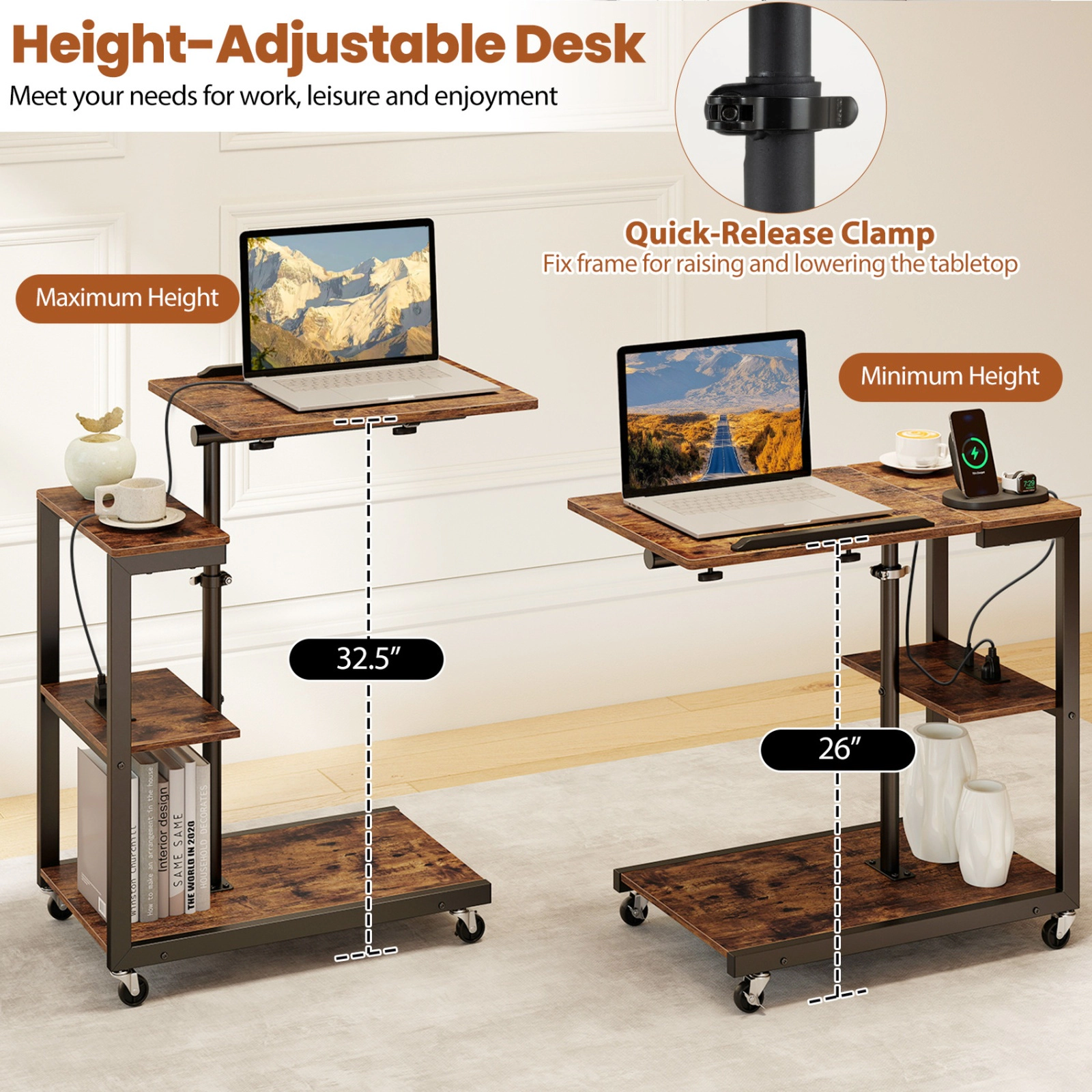 SUGIFT Set of 2 Charging Station Tilt Top 3-Tier C-Shaped Side Tables 26-in to 32.5-in 44-lb Capacity Rustic Brown