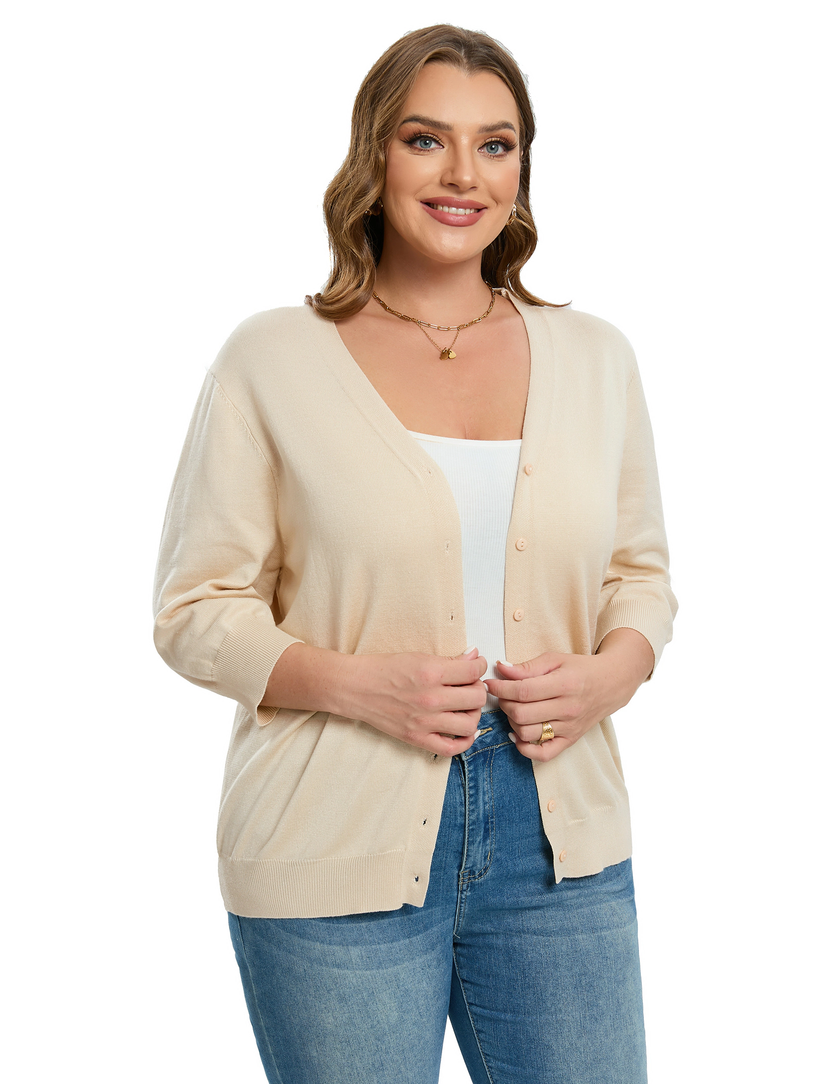 KOJOOIN Women's 3/4 Sleeve Button Front Cardigan V-Neck Ribbed Trim Lightweight Knit Sweater Tops