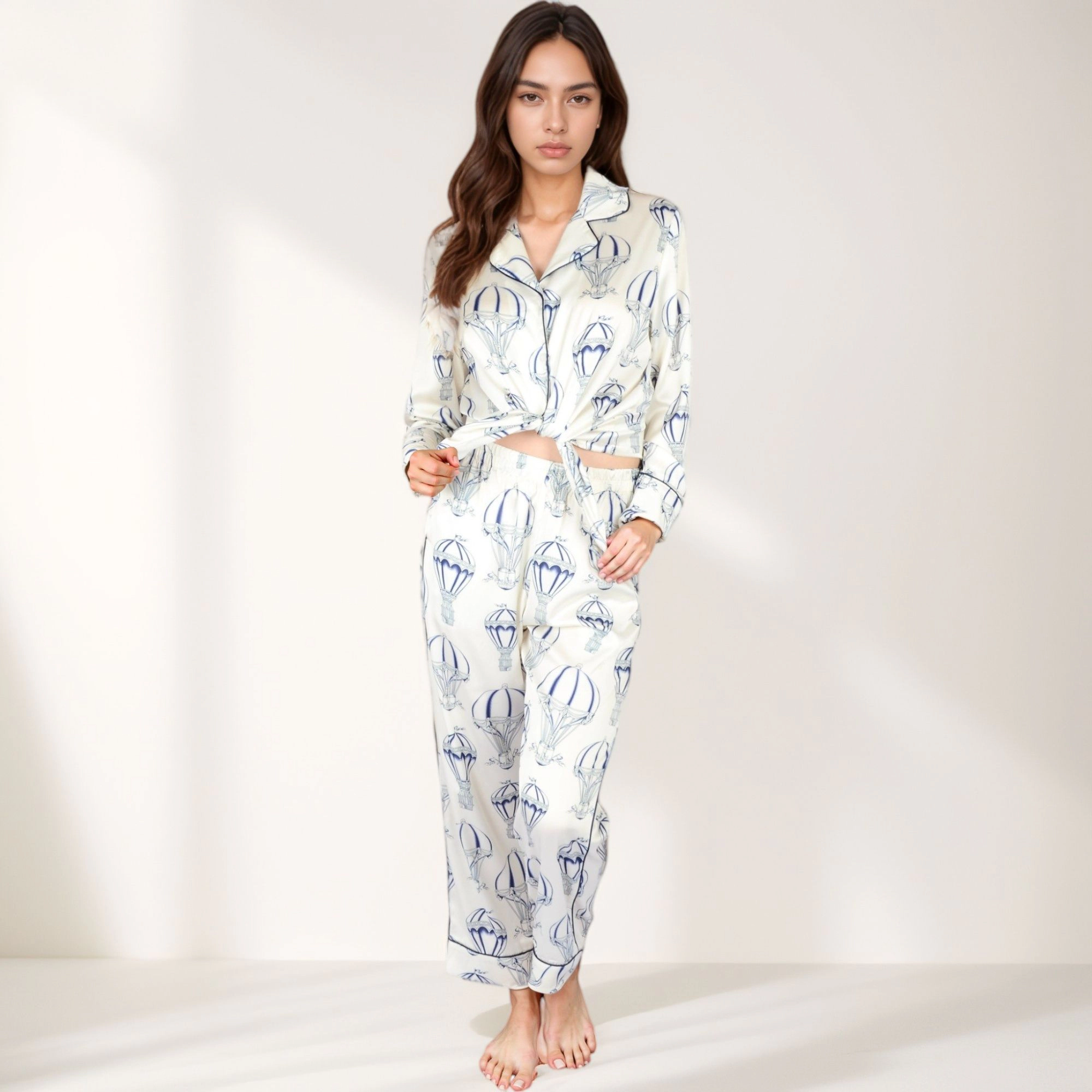 Anna-Kaci Women's Hot Air Balloon Print Pajama Set with Long Sleeve Button Down Top and Cropped Pants