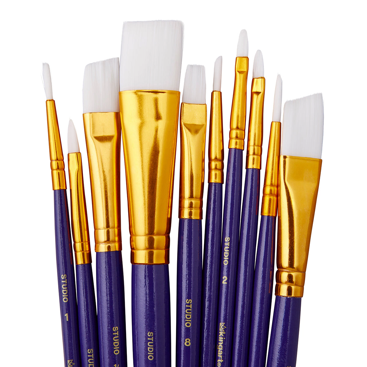 KINGART Studio White Nylon Brush Set - 10 pc Acrylic Watercolor Gouache Oil
