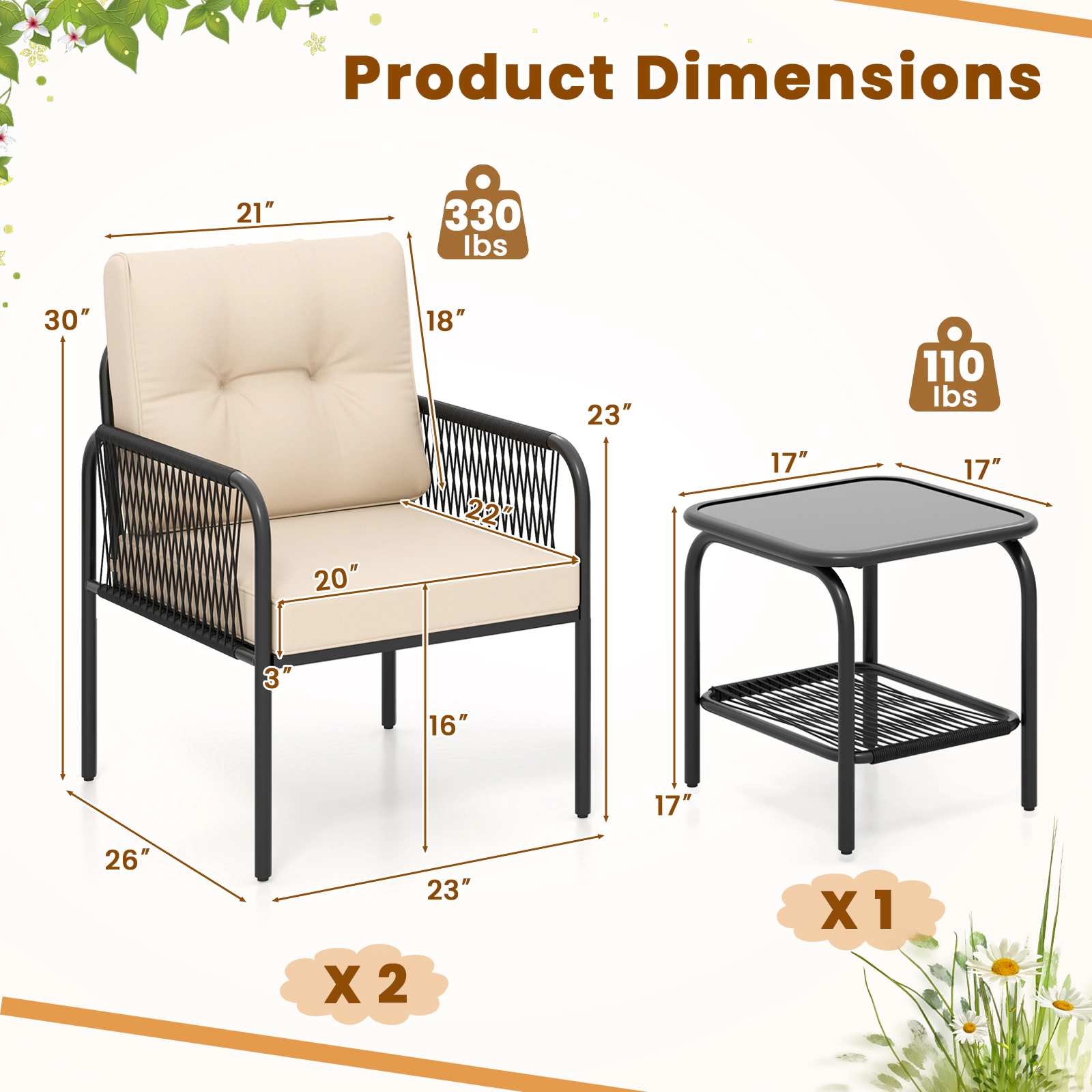 LJG 3 Pieces Patio Bistro PE Outdoor Wicker Rattan Furniture Conversation Set