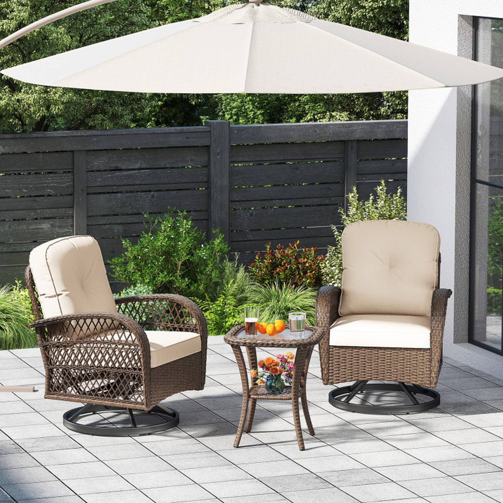SUGIFT Patio Swivel Rocker Chair Set with Tempered Glass Side Table 400-lb Seat and 110-lb Table Capacity White Cushions