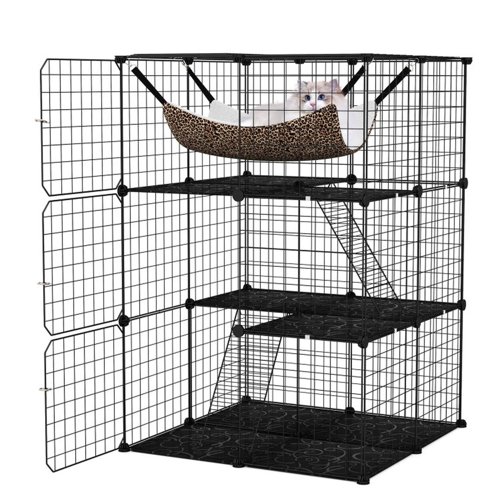 SUGIFT 3-Tier Indoor Cat Cage Black Detachable Metal Wire Enclosure with Hammer and Panels