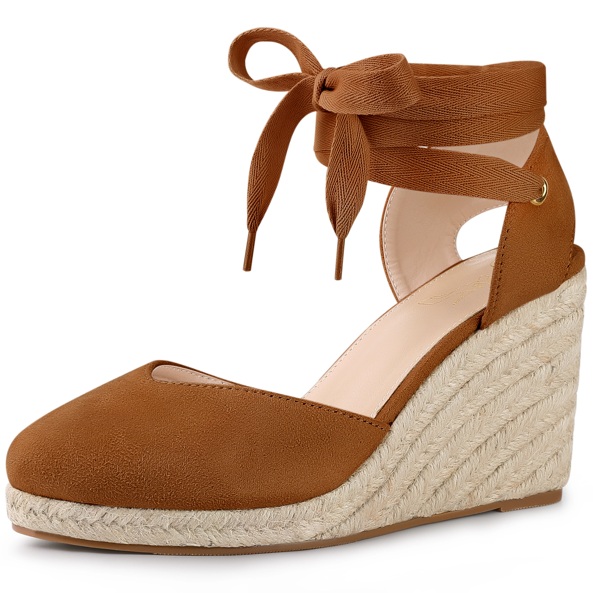 BLISSFUL STEP Women's Faux Suede Espadrille Platform Wedge Heel Lace Up Sandals