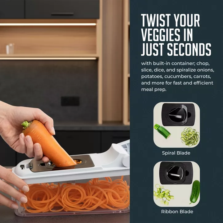 Luminuxe Multipurpose Vegetable Chopper & Spiralizer, 4‑in‑1 Heavy Duty Manual Food Slicer & Dicer w Meal Prep Container