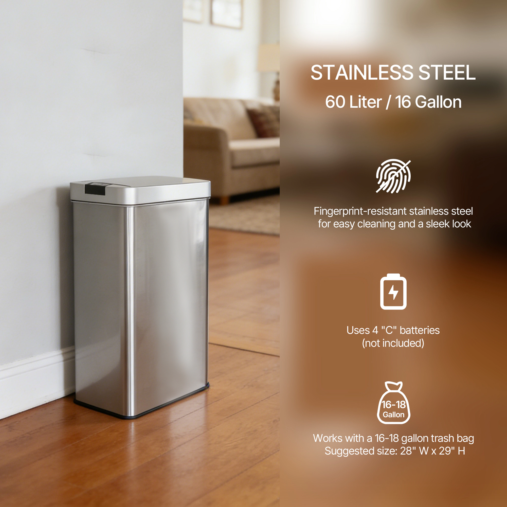Innovaze 16 Gallon Silver Stainless Steel Slim Motion Sensor Trash Can with Butterfly Lid