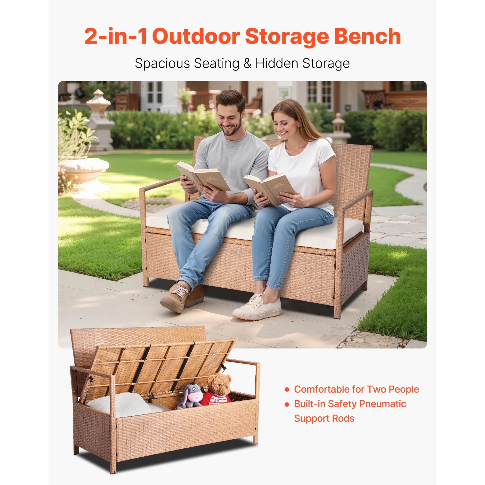 HONGGE Outdoor Storage Bench 2-Person PE Rattan Storage Bench Deck Box with Cushion Supports Weatherproof Outdoor