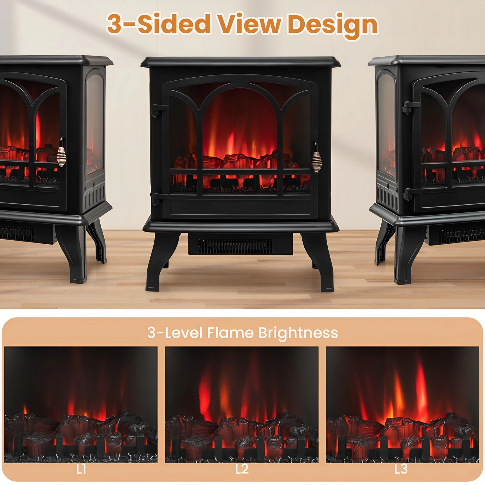 SUGIFT 1400W Freestanding Electric Fireplace Stove, 5000 BTU, 3-Sided Panoramic Flame View