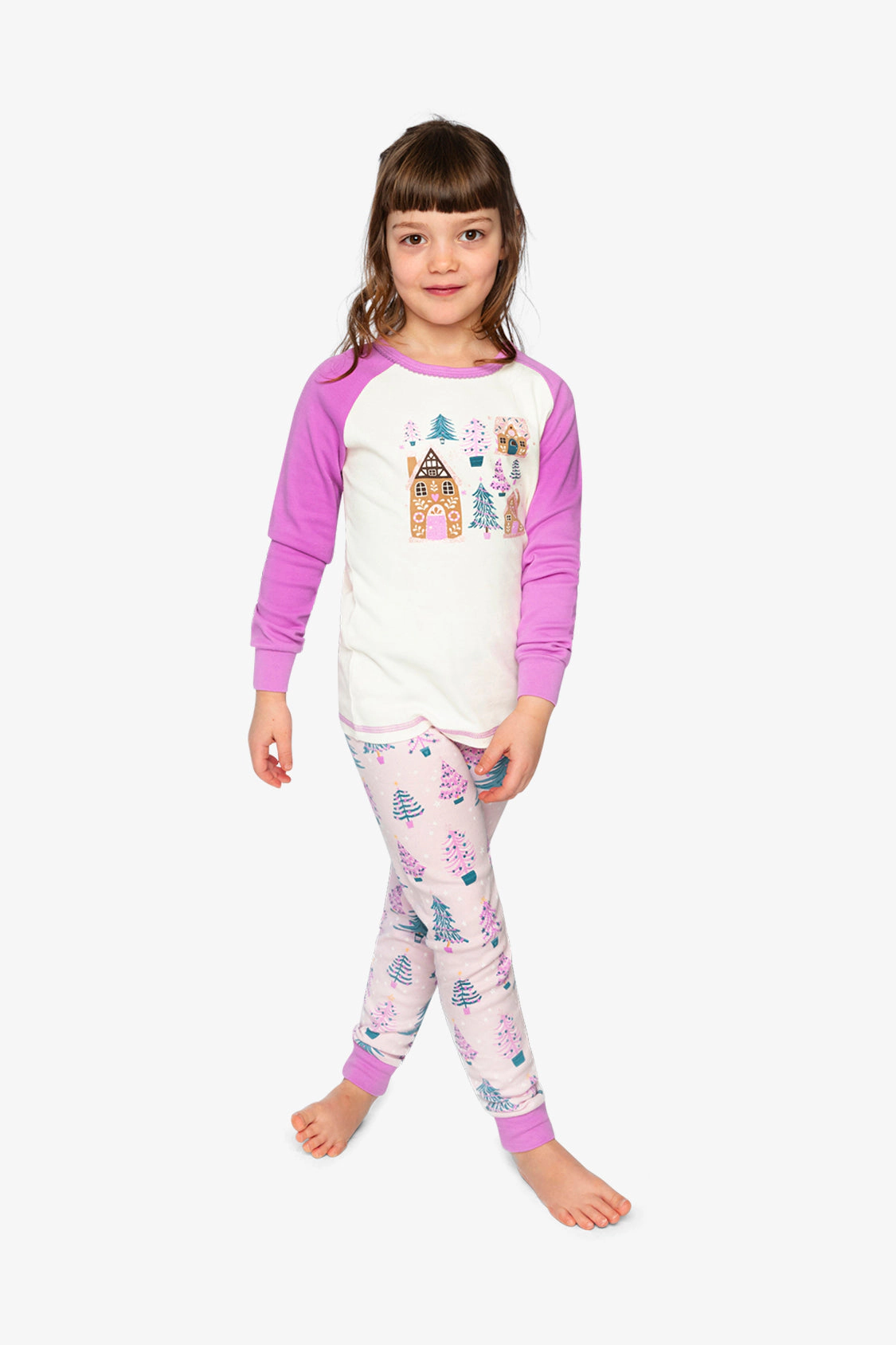 Deux par Deux Girls Organic Cotton Tree Two Piece Pajama Set with Raglan Sleeve Top and Waist Pants