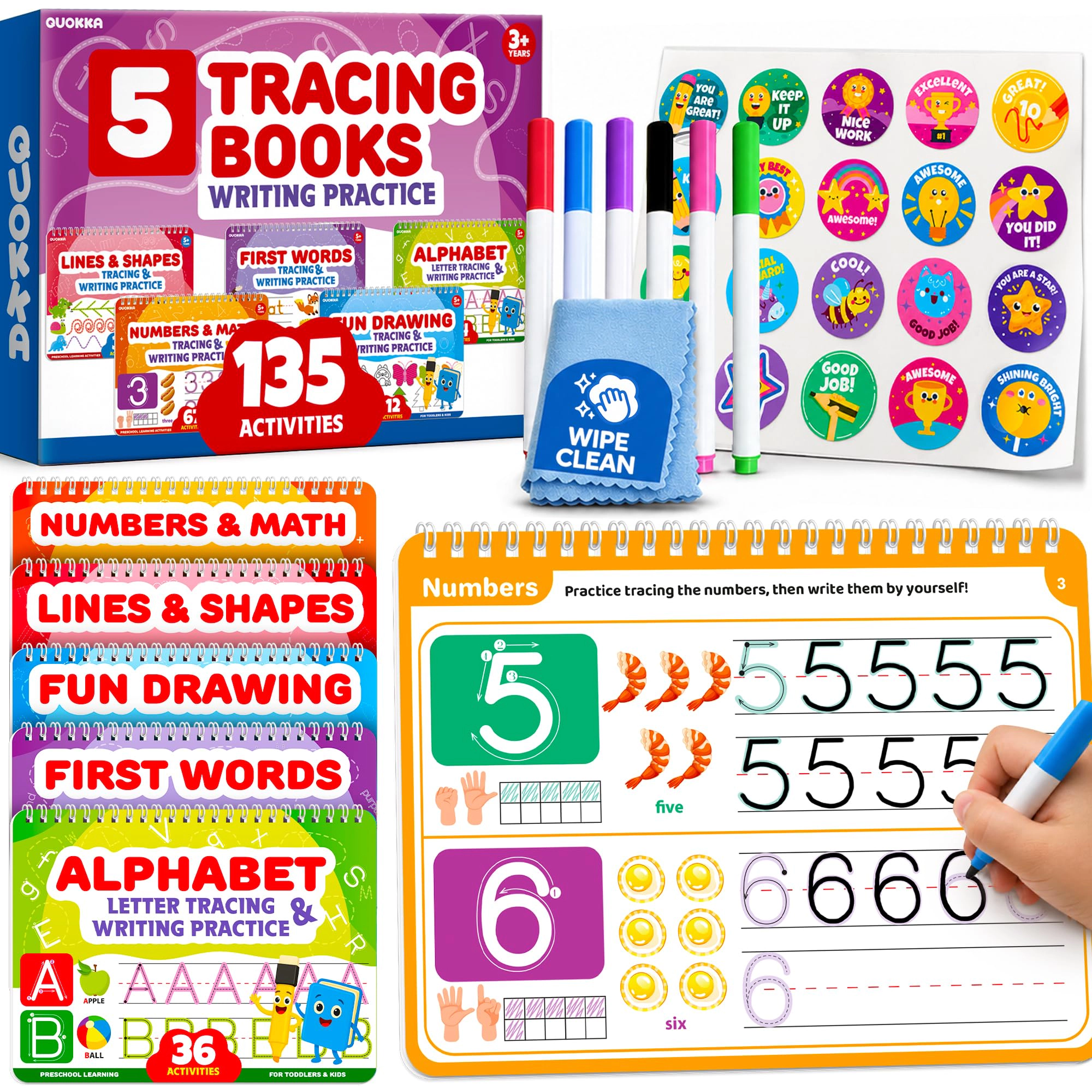 QUOKKA Kids Tracing Activity Books Set with Dry-Erase Pages and Markers