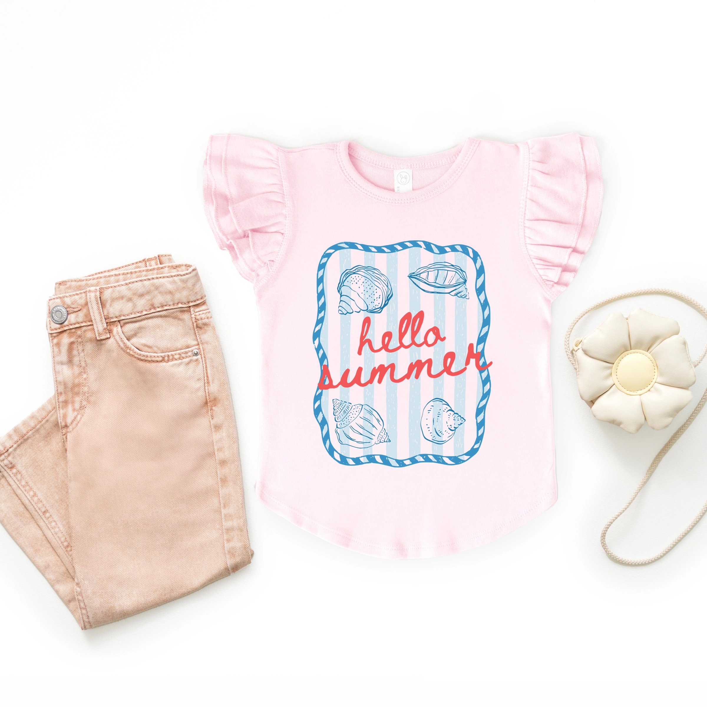 The Juniper Shop - Girl's Flutter Sleeve Graphic T-Shirt Hello Summer Sea Shells