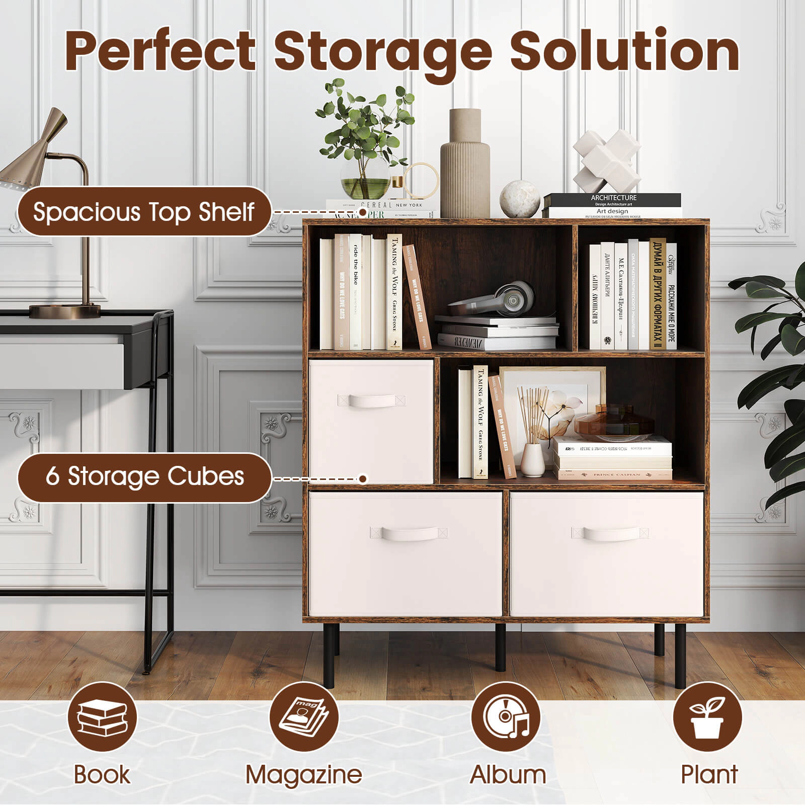 Costway 6-Cube Bookcase with 3 Removable Folding Fabric Drawers 2 Anti-tip Devices for Home Rustic Brown