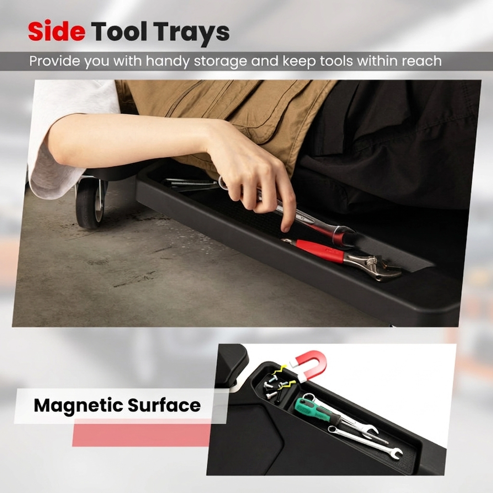 SUGIFT 43-in 350-lb Capacity Foldable Low Profile Rolling Mechanic Creeper with Padded Headrest and Tool Trays