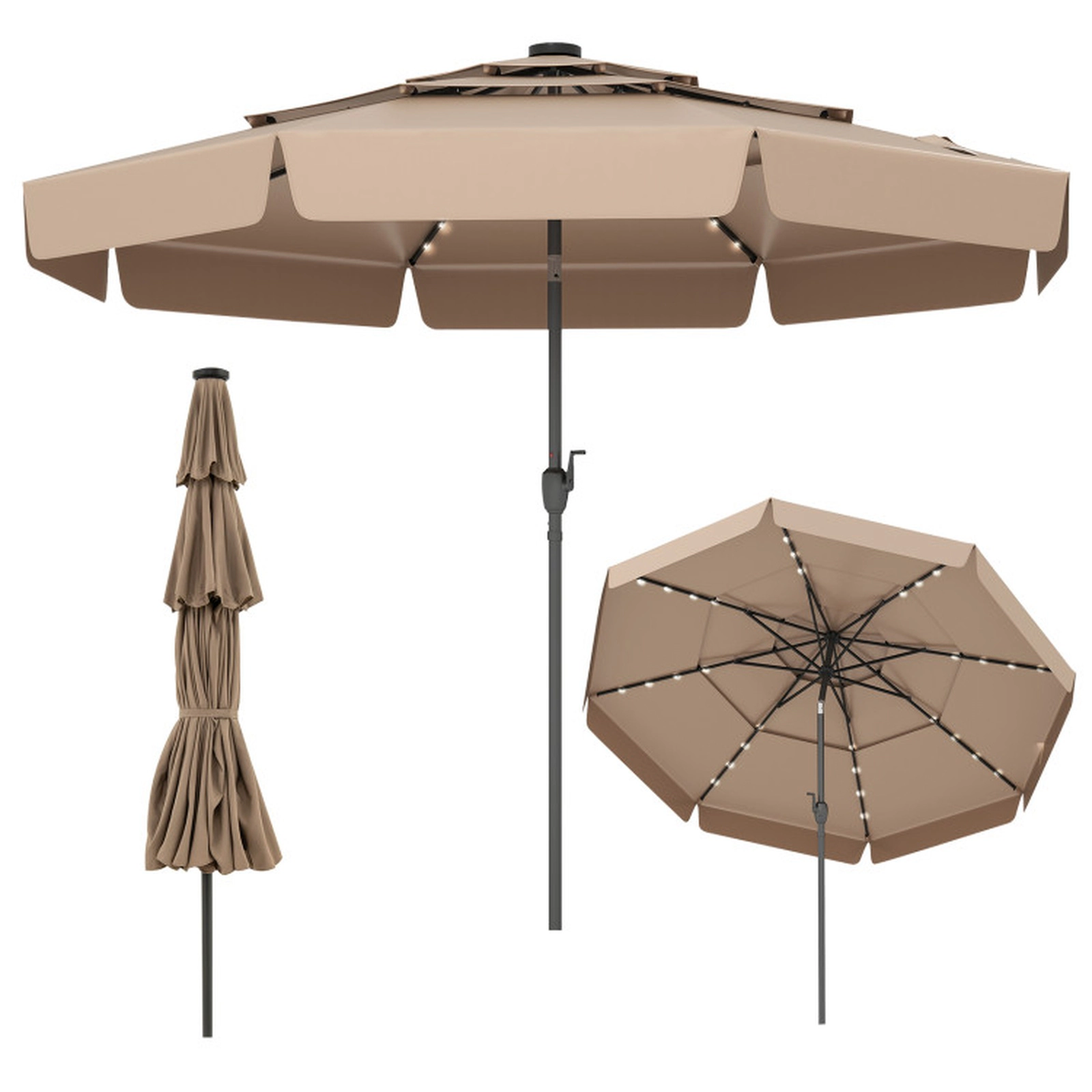 SUGIFT 3-Tier Vented Solar Patio Umbrella with LED Lights 10-ft Polyester Canopy 10 x 8.1 in Taupe