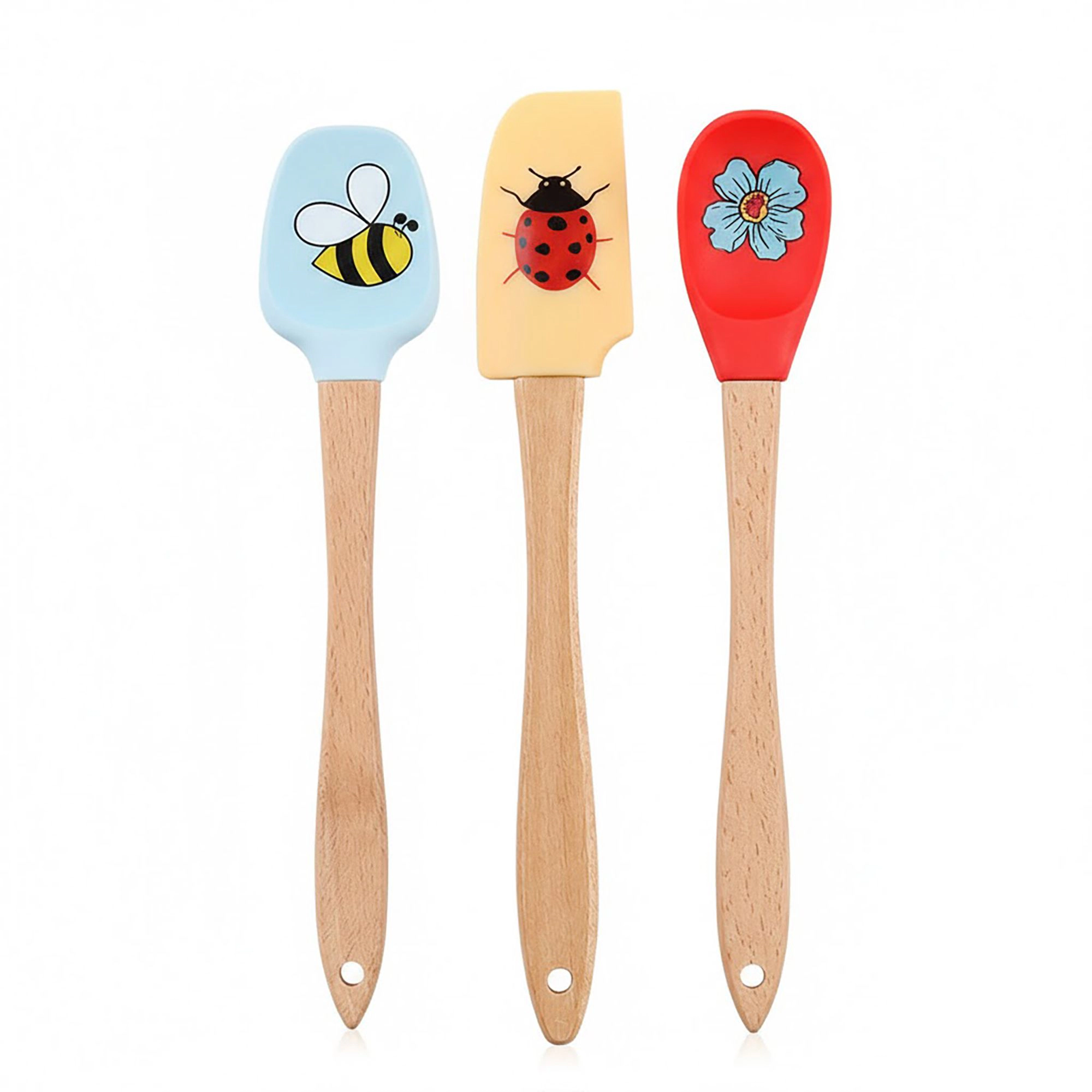 Alilang Women Silicone Spatula Set with Wooden Handles Bee Ladybug Flower Print Heat Resistant Kitchen Baking Tools 3 Pi