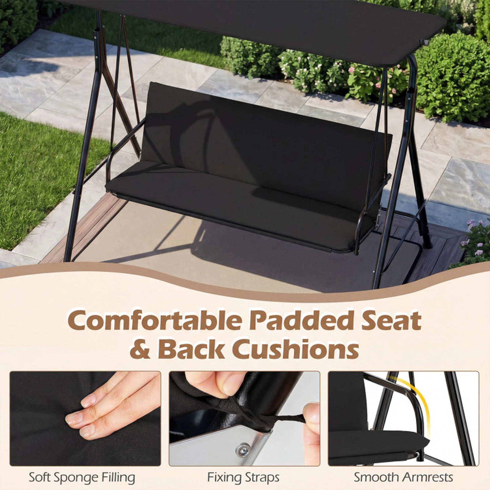SUGIFT Adjustable Canopy and Removable Cushion 3-Seat Patio Swing Chair