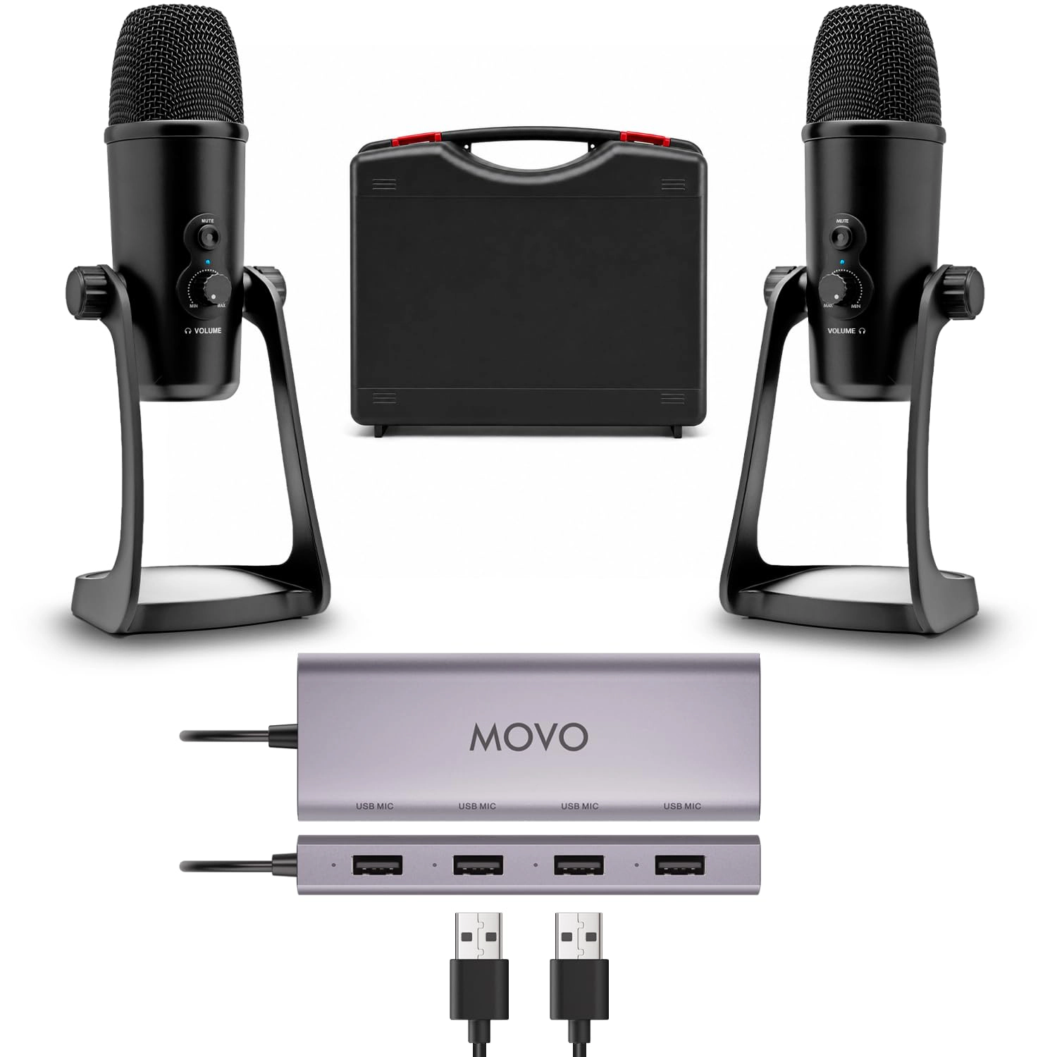 Movo 2-Person USB Podcast Bundle – 2 Condenser Mics, and USB Hub