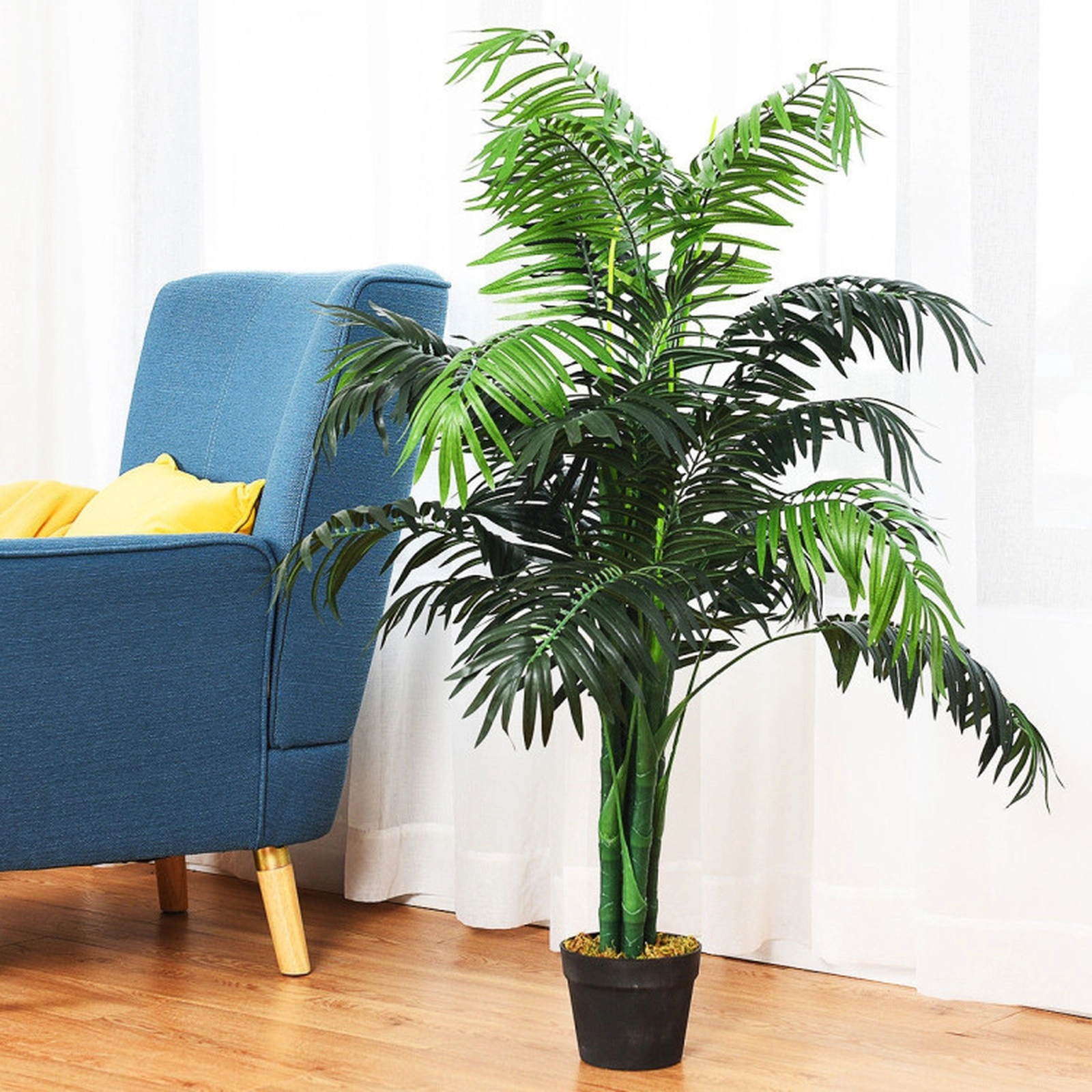 SUGIFT 3.5-Ft Artificial Areca Palm Palm Tree 43-in Tall with 5 Trunks 28 Leaves 6-in Pot Plastic Branches Polyester
