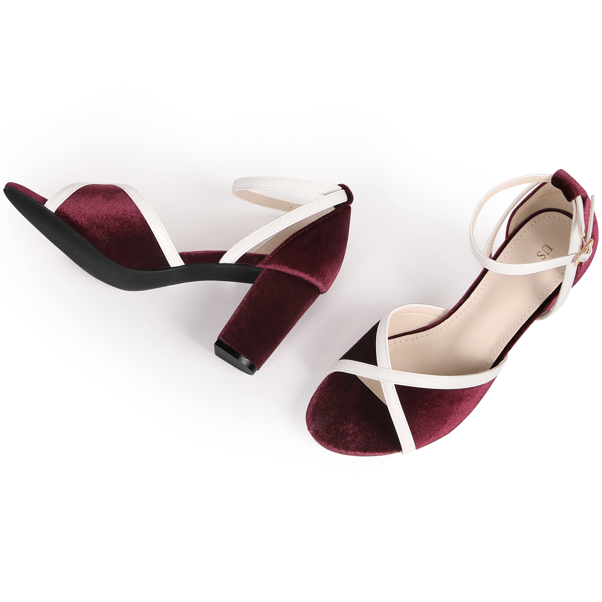 BLISSFUL STEP Women's Ankle Strap Open Toe Chunky Heel Velvet Sandals