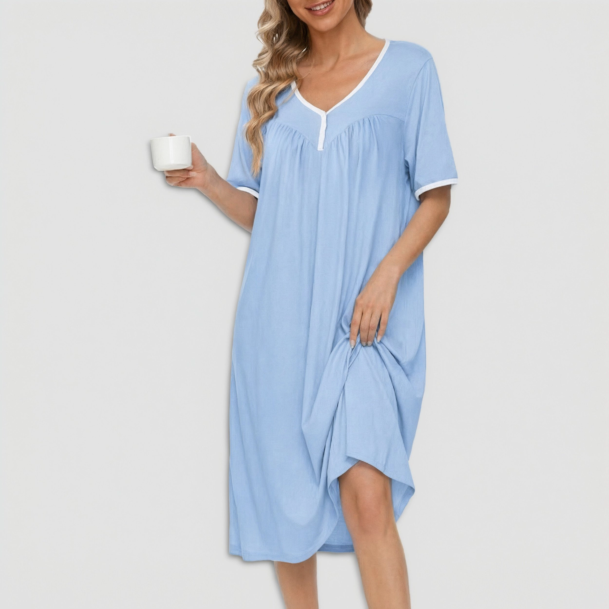 Ekouaer Cotton Nightgowns for Women Short Sleeve Night Gown V Neck Button Nightshirt