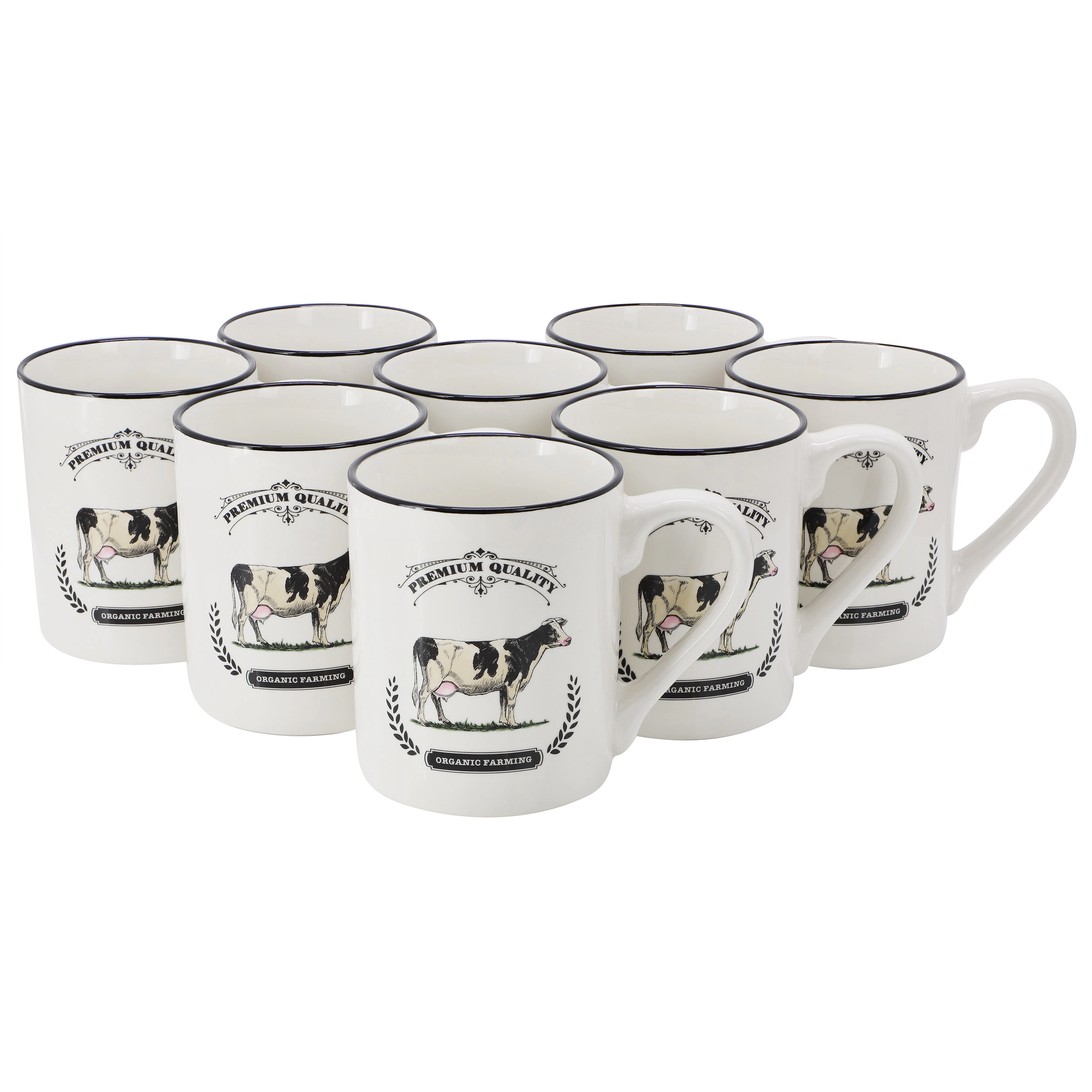 Gibson Home Barn Animals 8 Piece 17 Ounce Decorated Cow Mugs in White and Black