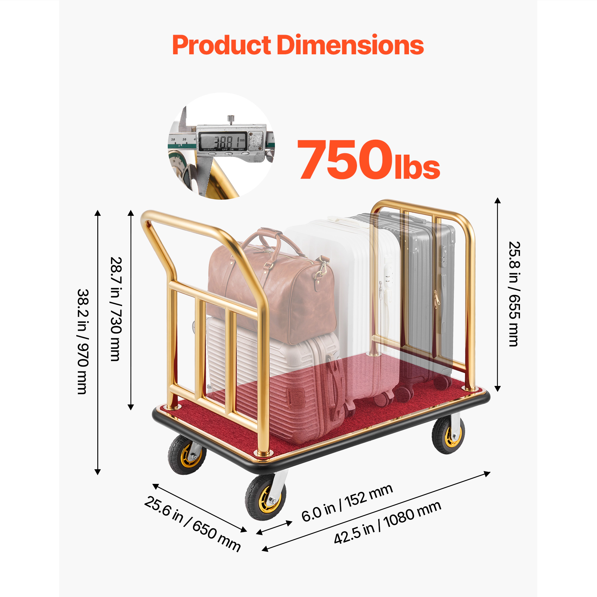 HONGGE Hotel Luggage Cart, Heavy Duty Bellman Cart with Stainless Steel Frame, Rubber Wheels, Carpeted Deck