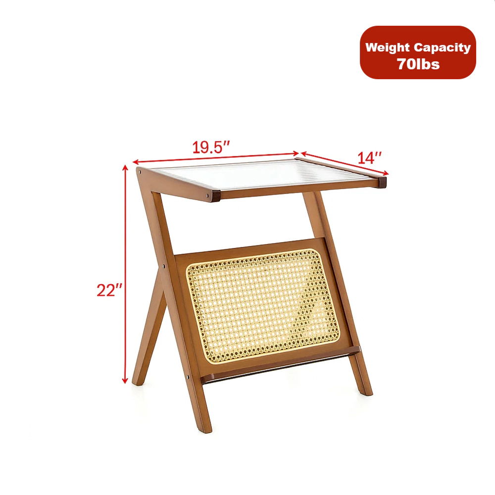Hivvago Rattan-Style End Table with Magazine Storage and Glass Top