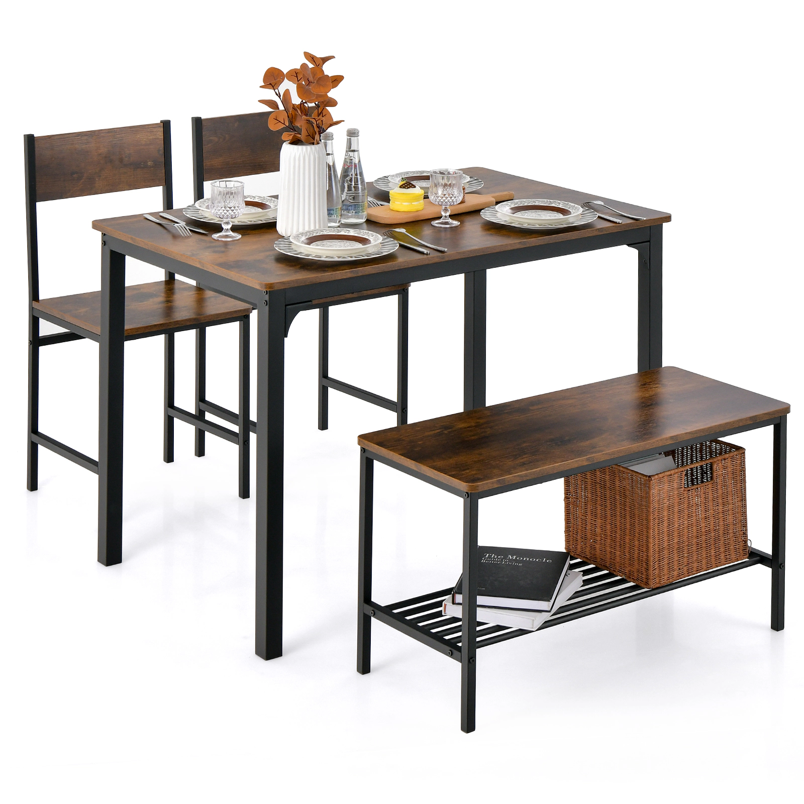 SUGIFT Rustic Brown 2 Chairs Storage Bench and Steel Frame 4-Piece Rustic Dining Table Set