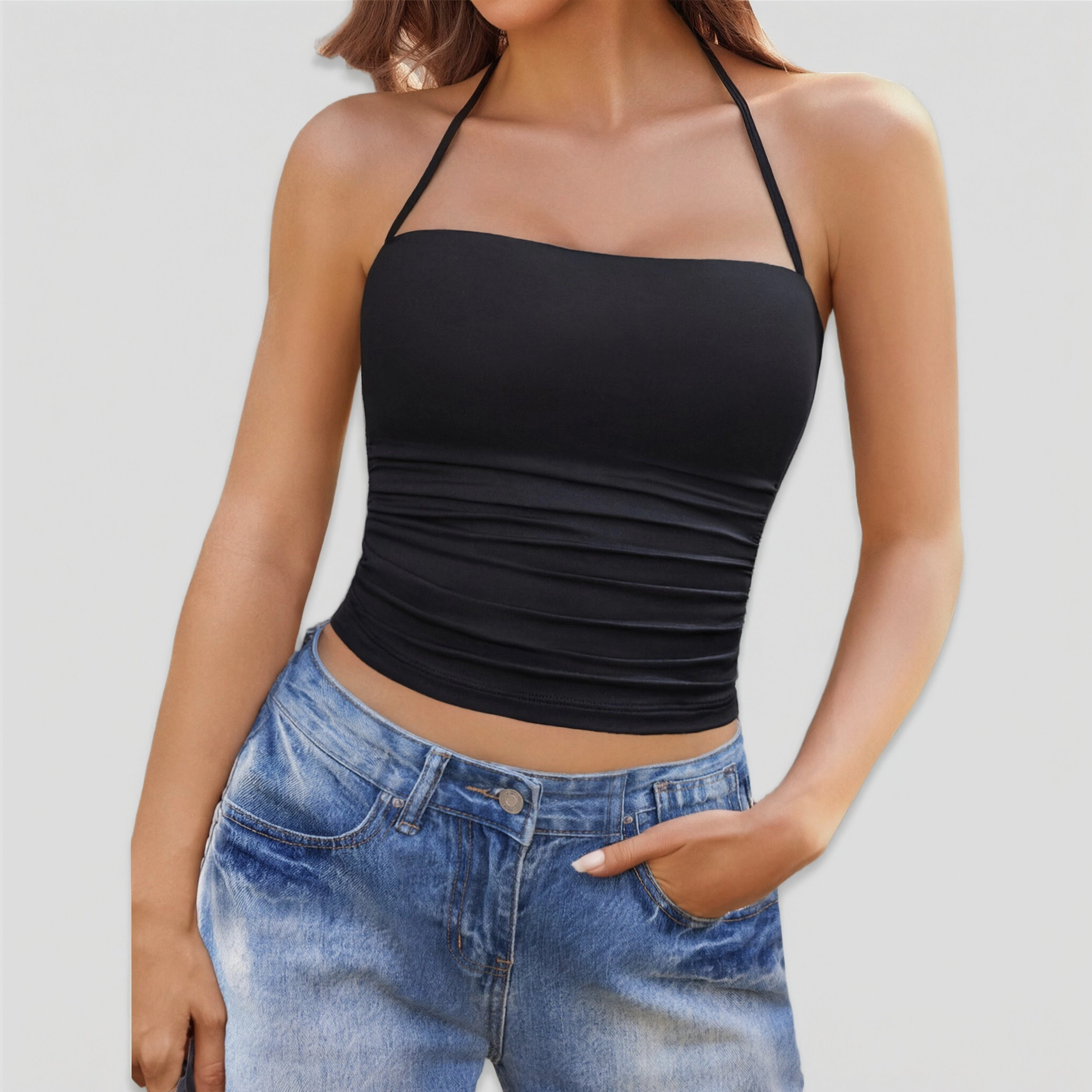 Avidlove Women's Halter Double Lined Ruched Crop Tank Top