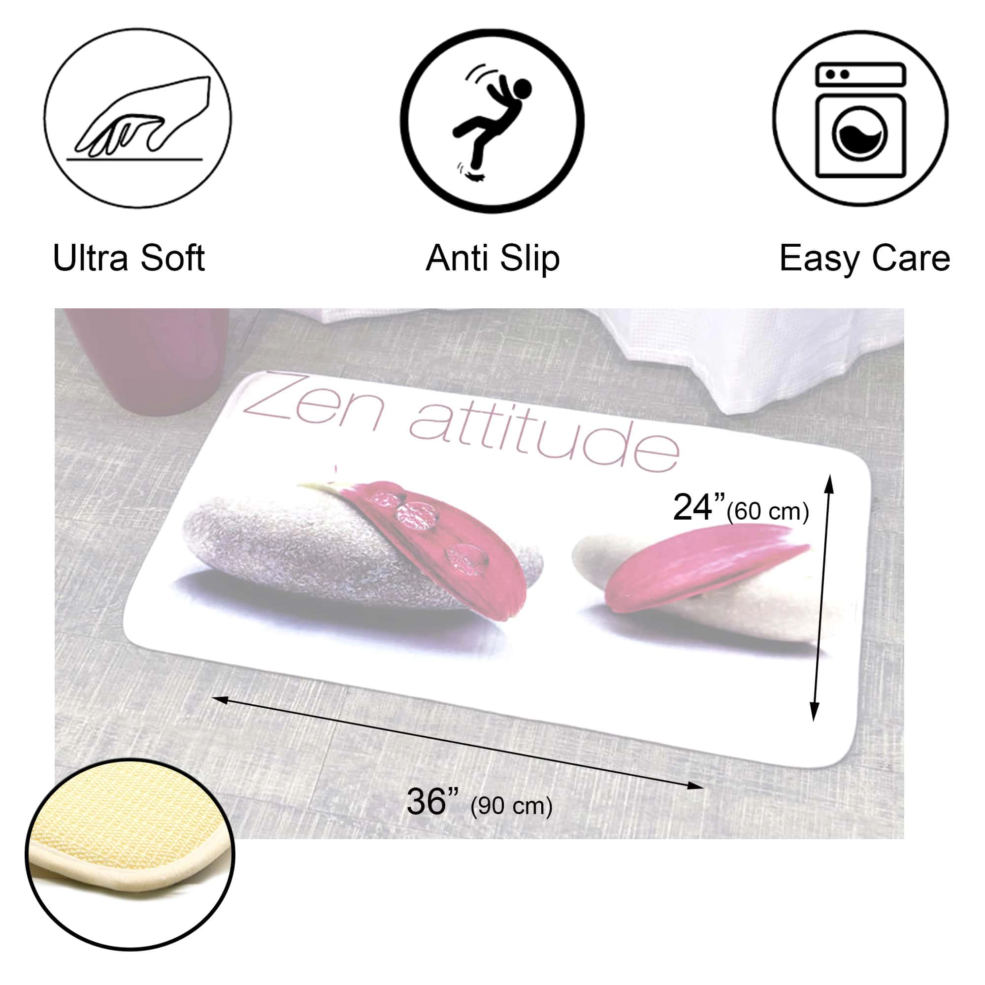 Evideco French Home Goods Zen Attitude Memory Foam Bath Mat 36 x 24 in, Pink Stone Print