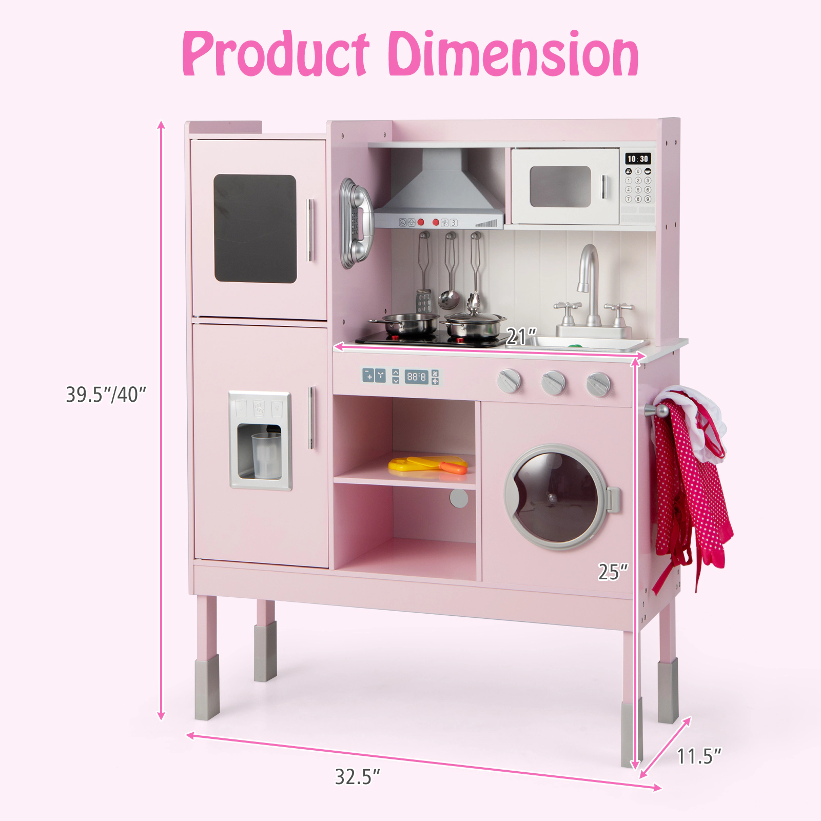 SUGIFT 3-Position Adjustable Pretend Play Kitchen for Kids with 16 Accessories 40.5-in Tall Frame Ages 3+ Pink