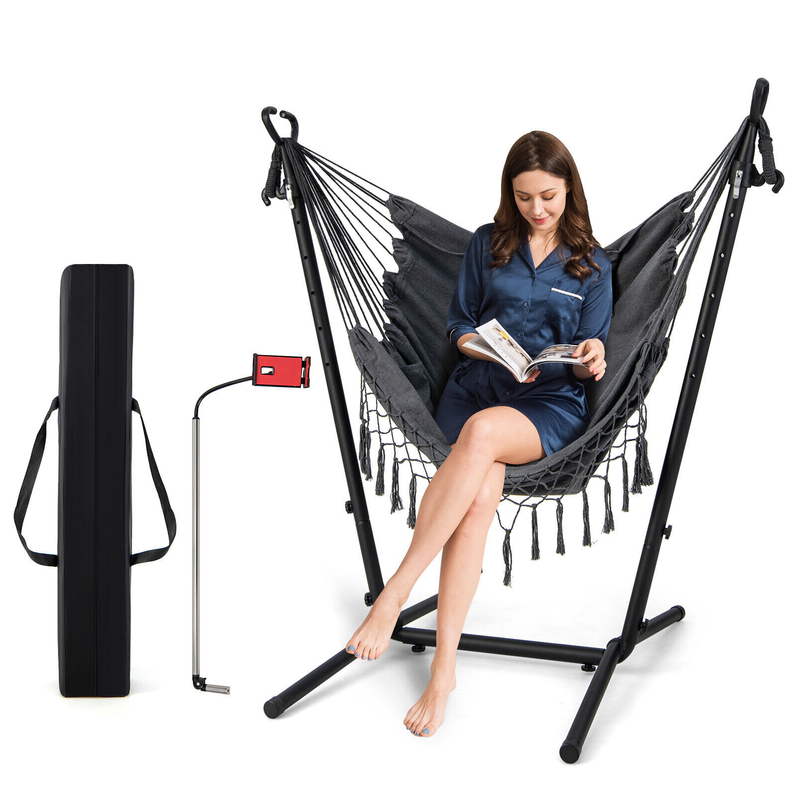 SUGIFT Height Adjustable Hammock Chair with 119° U-Shaped Stand, Phone Holder and Side Pocket 550-lb Capacity Gray
