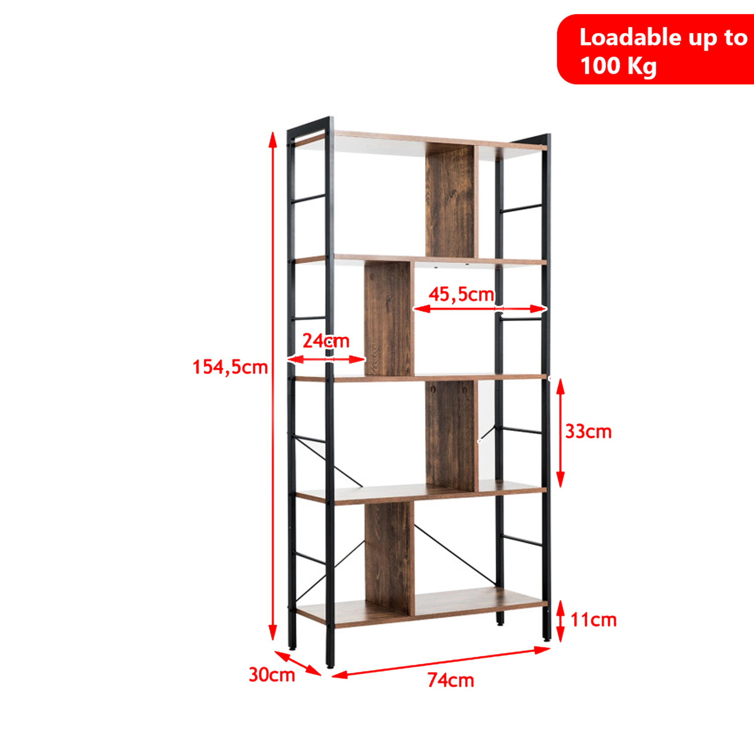 Hivvago Industrial Freestanding 4-Shelf Bookcase