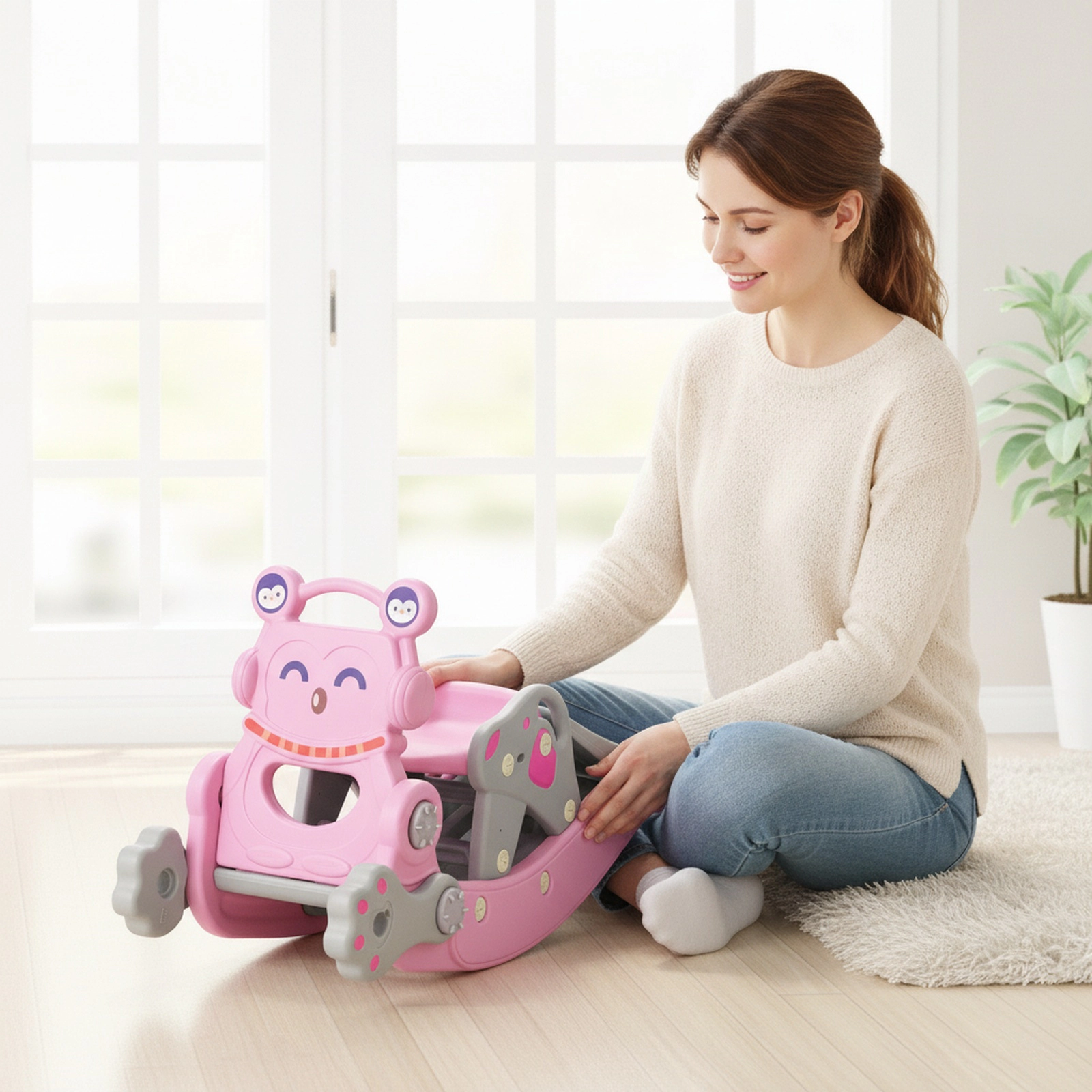 4-in-1 Toddler Slide and Rocking Horse Set Basketball Hoop Ring Toss and Detachable Seat 132-lb Capacity Ages 1-5 Pink