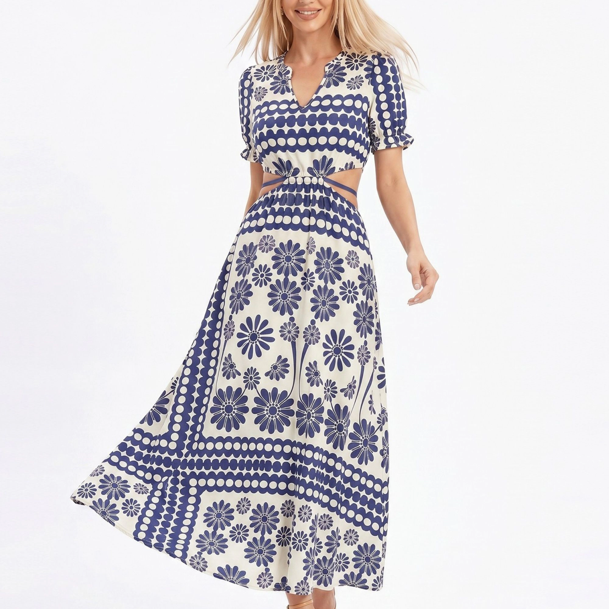 Anna-Kaci Women's Navy Paisley Cutout Maxi Dress with Tie Waist and Short Sleeves